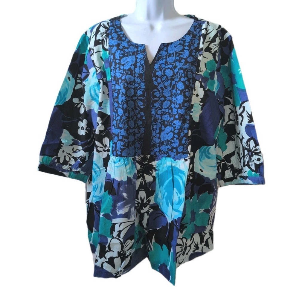 Ulla Popken Plus Size Floral Blue Print Knit Babydoll Tunic Size 20/22 - New